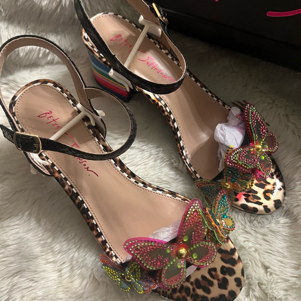Betsey Johnson Leopard Print Sandals with Colorful Butterflies. 2“ heels